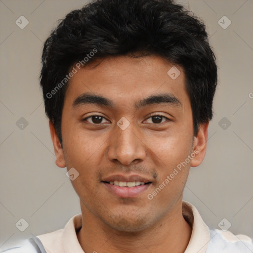 Joyful white young-adult male with short  black hair and brown eyes