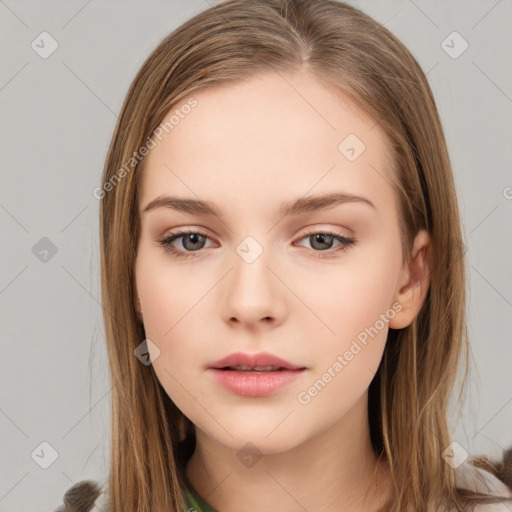 Neutral white young-adult female with long  brown hair and brown eyes