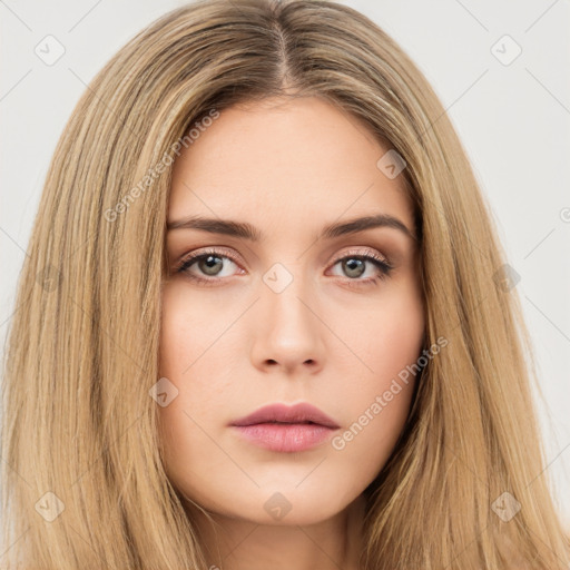 Neutral white young-adult female with long  brown hair and brown eyes