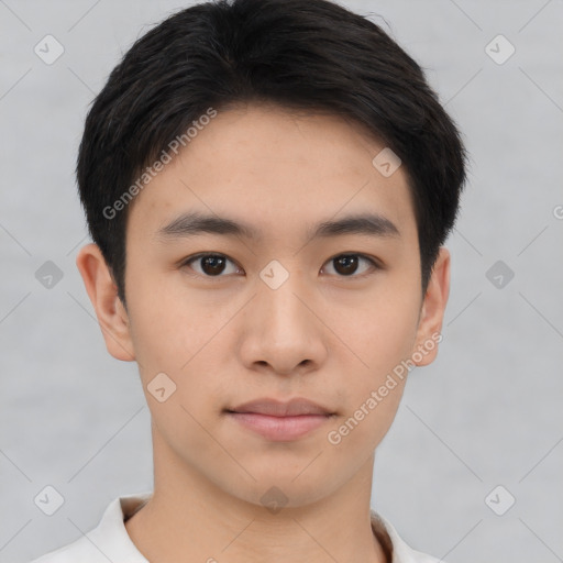 Neutral asian young-adult male with short  brown hair and brown eyes