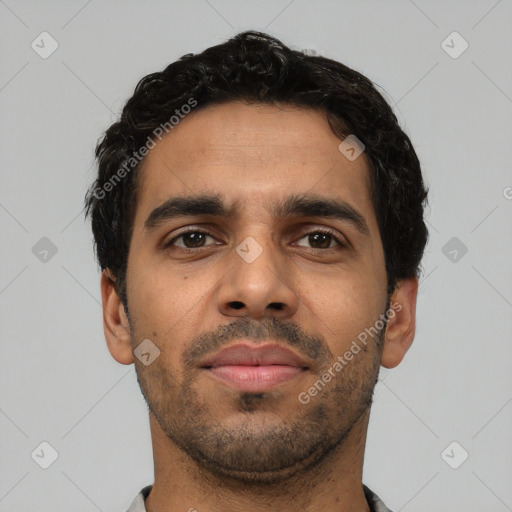 Neutral latino young-adult male with short  black hair and brown eyes