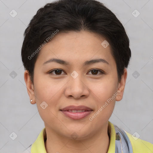 Joyful asian young-adult female with short  brown hair and brown eyes