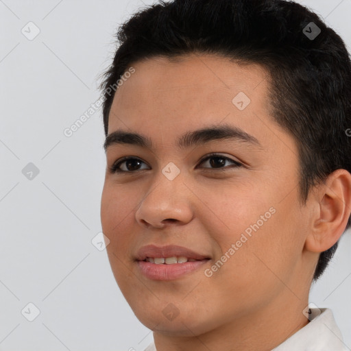 Joyful white young-adult male with short  black hair and brown eyes