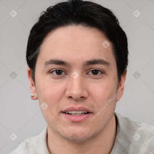 Joyful white young-adult male with short  black hair and brown eyes