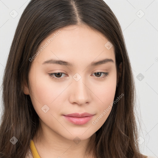 Neutral white young-adult female with long  brown hair and brown eyes