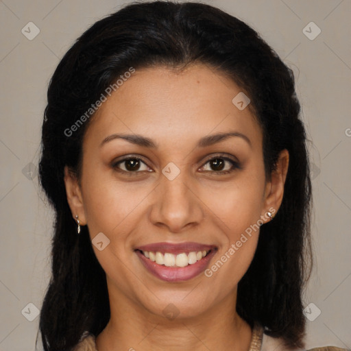 Joyful latino young-adult female with long  brown hair and brown eyes
