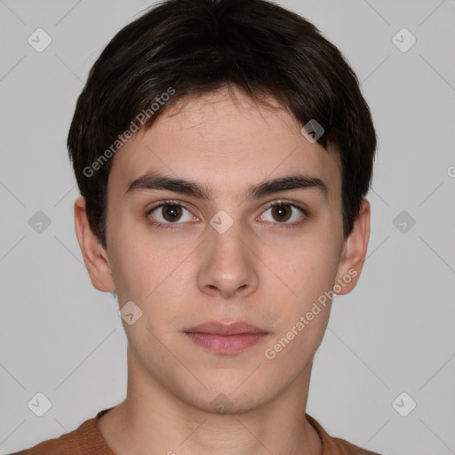 Neutral white young-adult male with short  brown hair and brown eyes