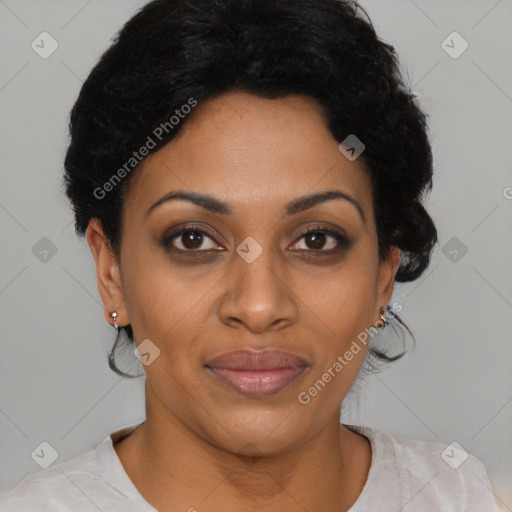 Joyful latino young-adult female with short  black hair and brown eyes