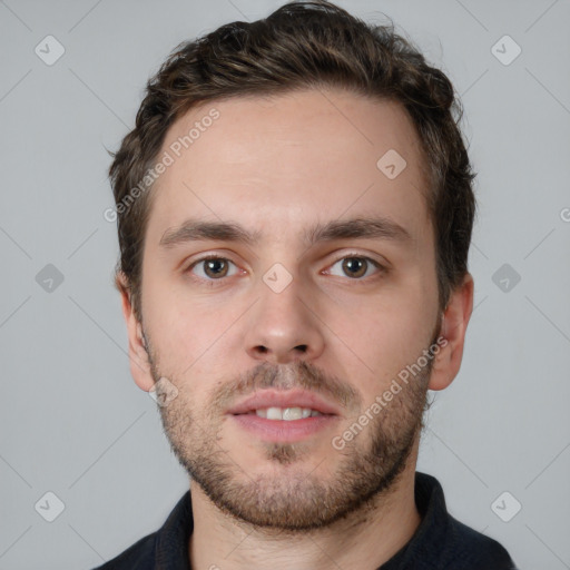 Neutral white young-adult male with short  brown hair and brown eyes