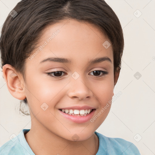 Joyful white child female with short  brown hair and brown eyes