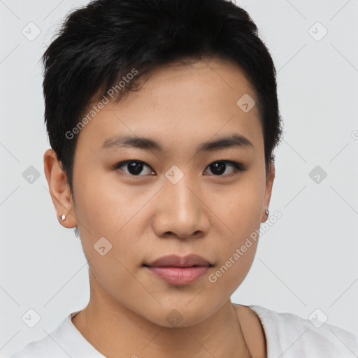 Joyful asian young-adult male with short  black hair and brown eyes