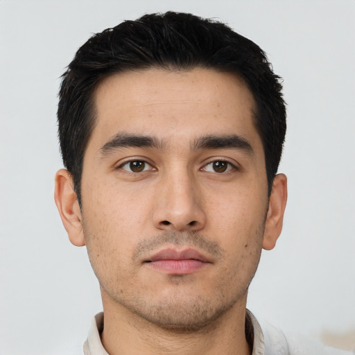 Neutral asian young-adult male with short  black hair and brown eyes