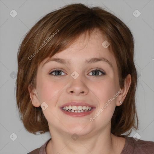 Joyful white young-adult female with medium  brown hair and blue eyes