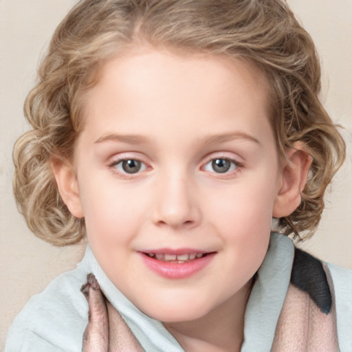 Joyful white child female with medium  brown hair and blue eyes