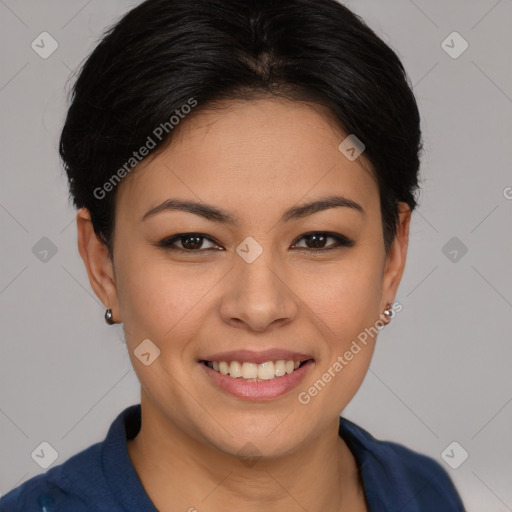 Joyful asian young-adult female with short  brown hair and brown eyes