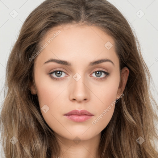 Neutral white young-adult female with long  brown hair and brown eyes