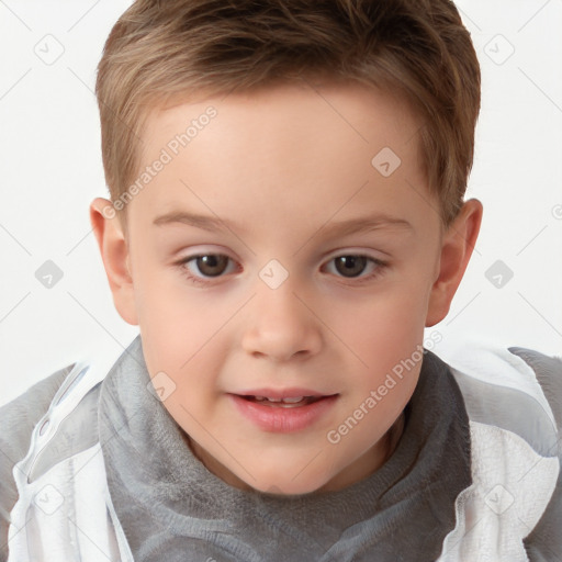 Joyful white child male with short  brown hair and brown eyes