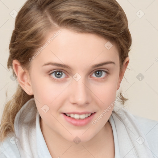 Joyful white young-adult female with medium  brown hair and blue eyes