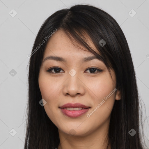 Joyful white young-adult female with long  brown hair and brown eyes