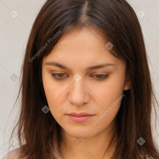 Neutral white young-adult female with long  brown hair and brown eyes