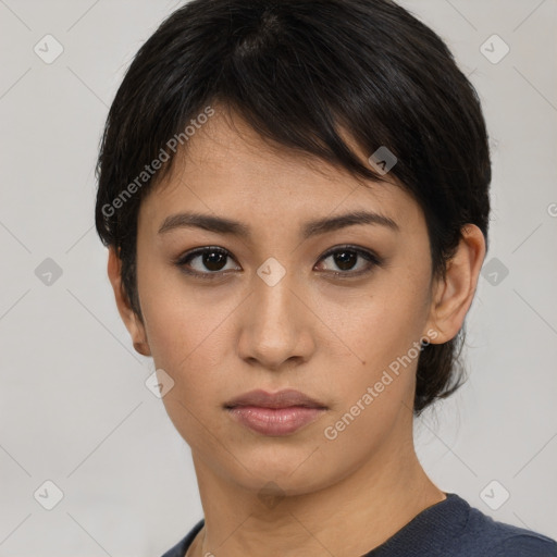 Neutral asian young-adult female with short  brown hair and brown eyes