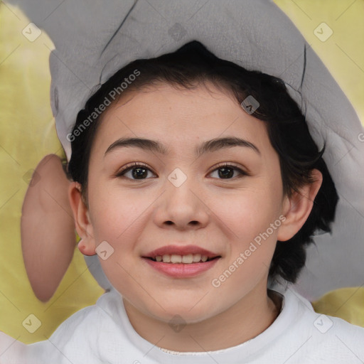 Joyful white child female with short  brown hair and brown eyes