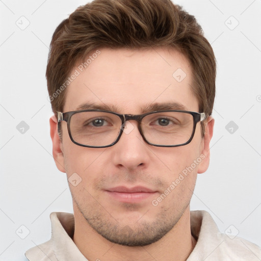 Neutral white young-adult male with short  brown hair and grey eyes