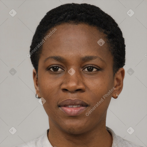 Neutral black young-adult female with short  black hair and brown eyes