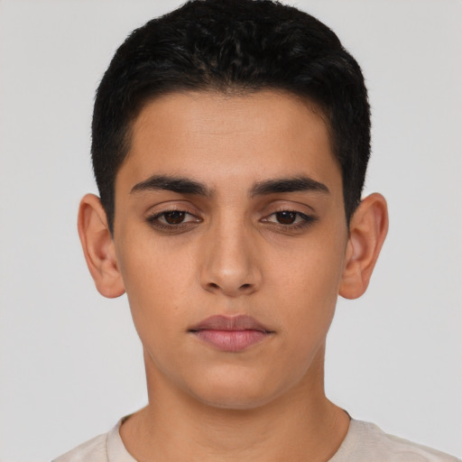 Neutral latino young-adult male with short  black hair and brown eyes