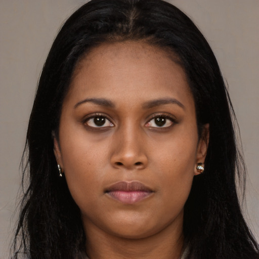 Neutral asian young-adult female with long  black hair and brown eyes