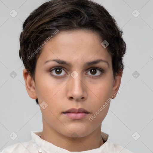 Neutral white young-adult female with short  brown hair and brown eyes