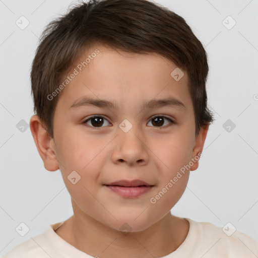 Joyful white child male with short  brown hair and brown eyes