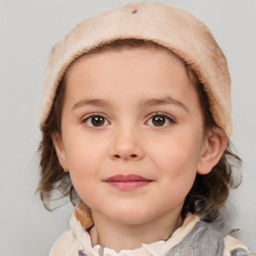 Joyful white child female with medium  brown hair and blue eyes