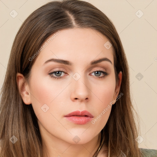 Neutral white young-adult female with long  brown hair and brown eyes