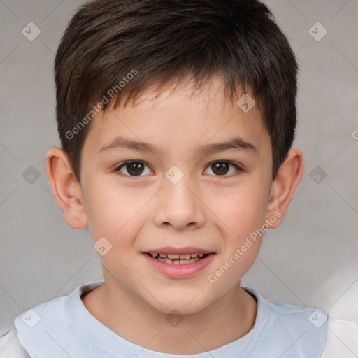Joyful white child male with short  brown hair and brown eyes