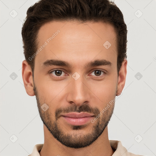 Joyful white young-adult male with short  brown hair and brown eyes