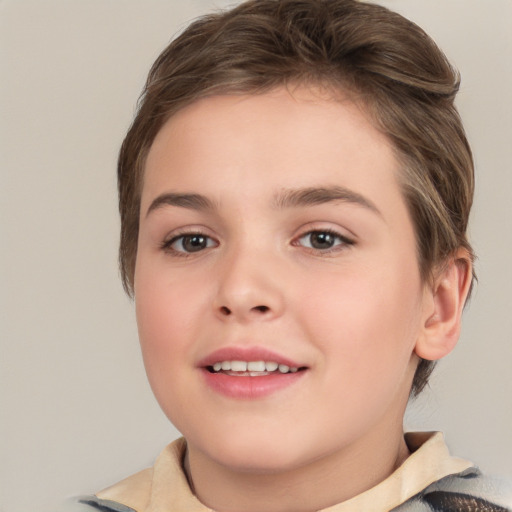 Joyful white child female with medium  brown hair and brown eyes