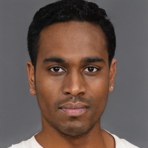 Neutral black young-adult male with short  black hair and brown eyes