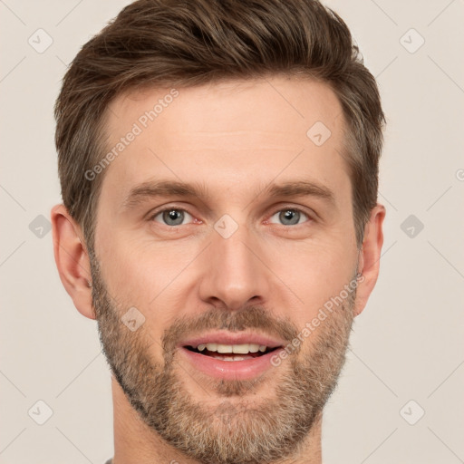 Joyful white adult male with short  brown hair and brown eyes