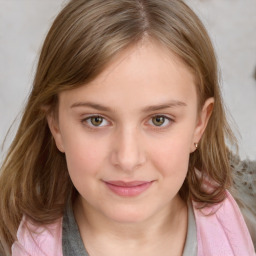 Joyful white child female with medium  brown hair and blue eyes