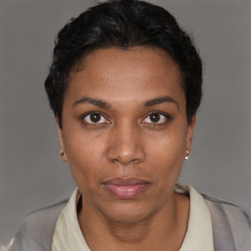 Neutral black young-adult female with short  black hair and brown eyes