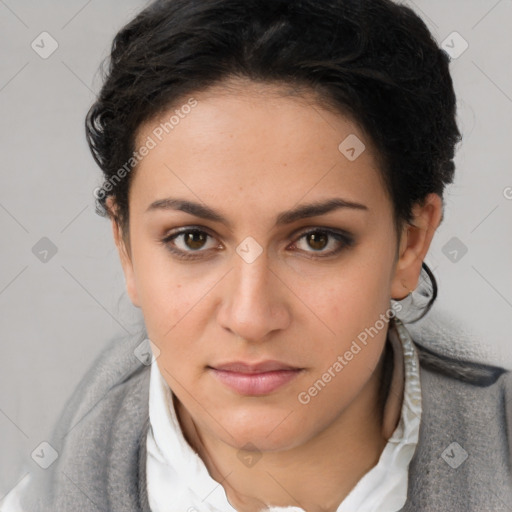 Neutral white young-adult female with short  brown hair and brown eyes