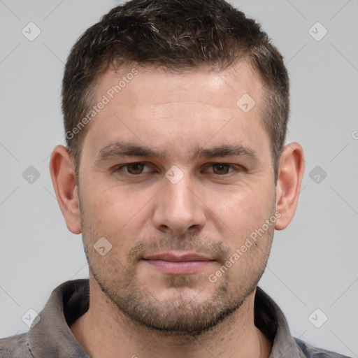 Neutral white young-adult male with short  brown hair and brown eyes