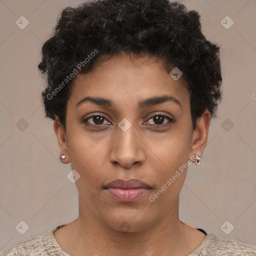 Neutral black young-adult female with short  black hair and brown eyes