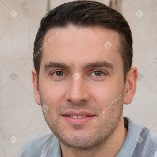 Joyful white young-adult male with short  brown hair and brown eyes