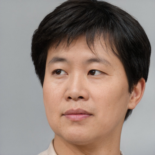 Neutral asian adult male with short  brown hair and brown eyes