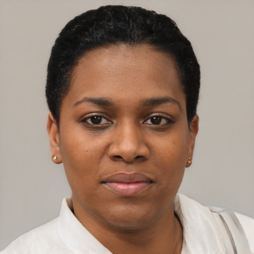 Joyful black young-adult female with short  black hair and brown eyes