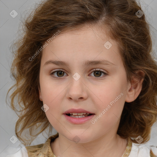 Joyful white child female with medium  brown hair and brown eyes