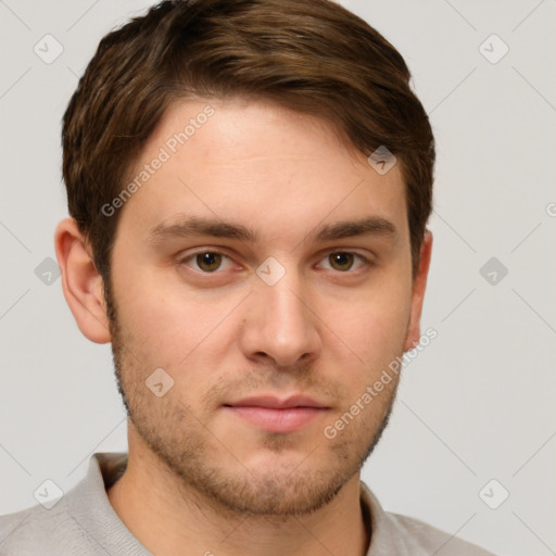 Neutral white young-adult male with short  brown hair and grey eyes