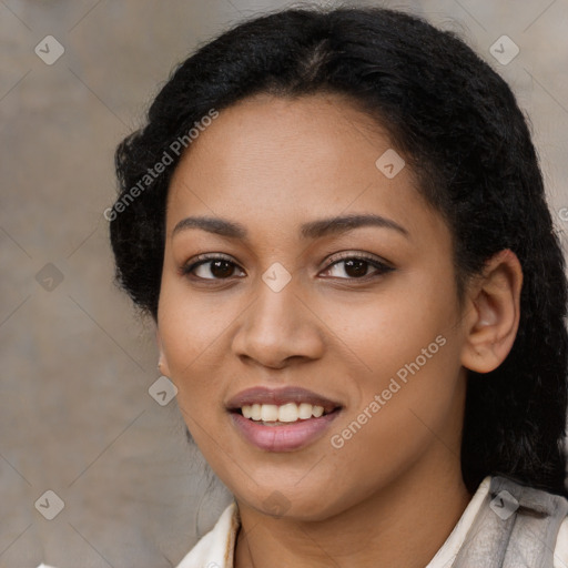 Joyful latino young-adult female with medium  black hair and brown eyes